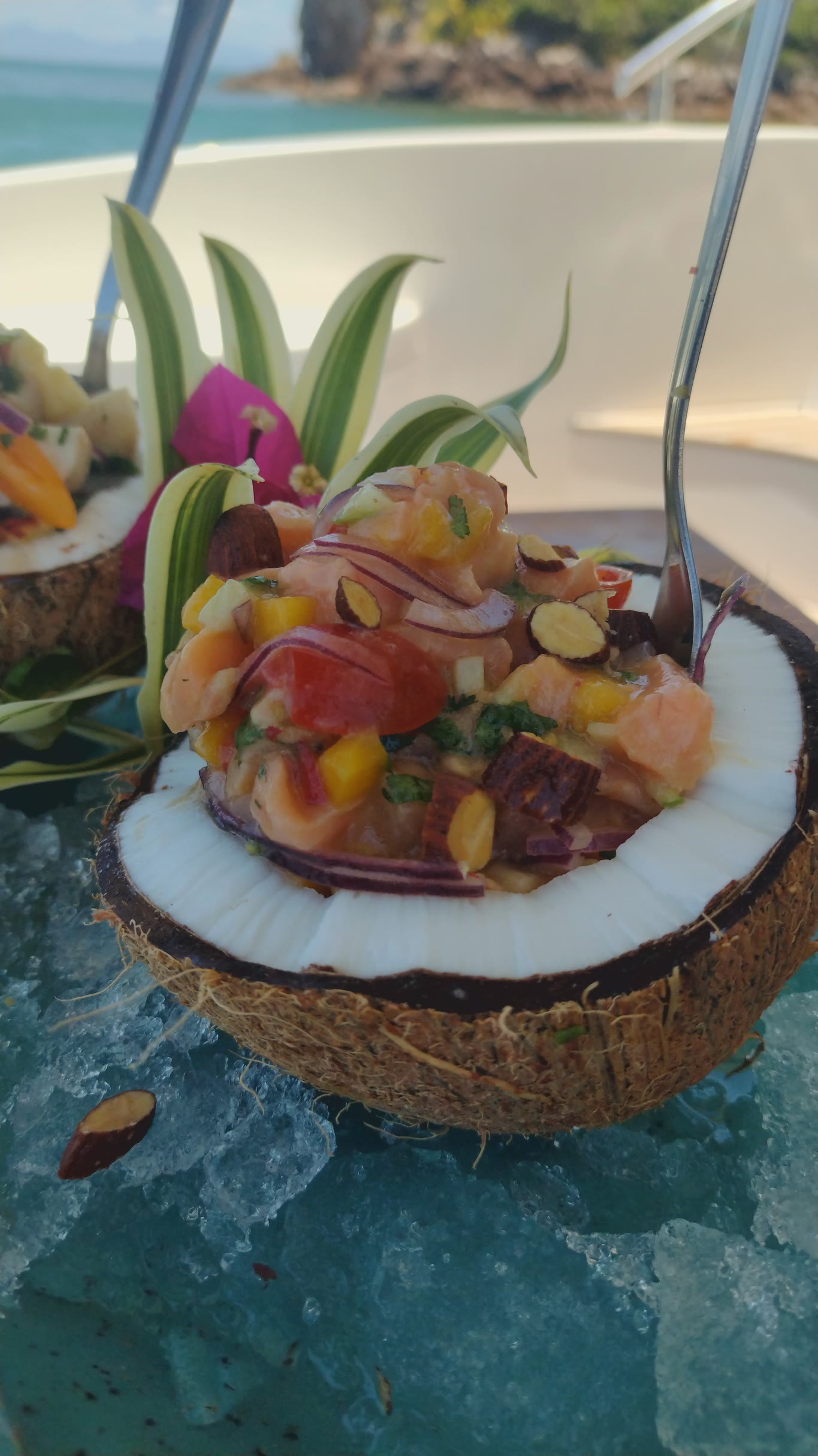 Ceviche servido en coco, sobre hielo, a bordo, con el mar al fondo