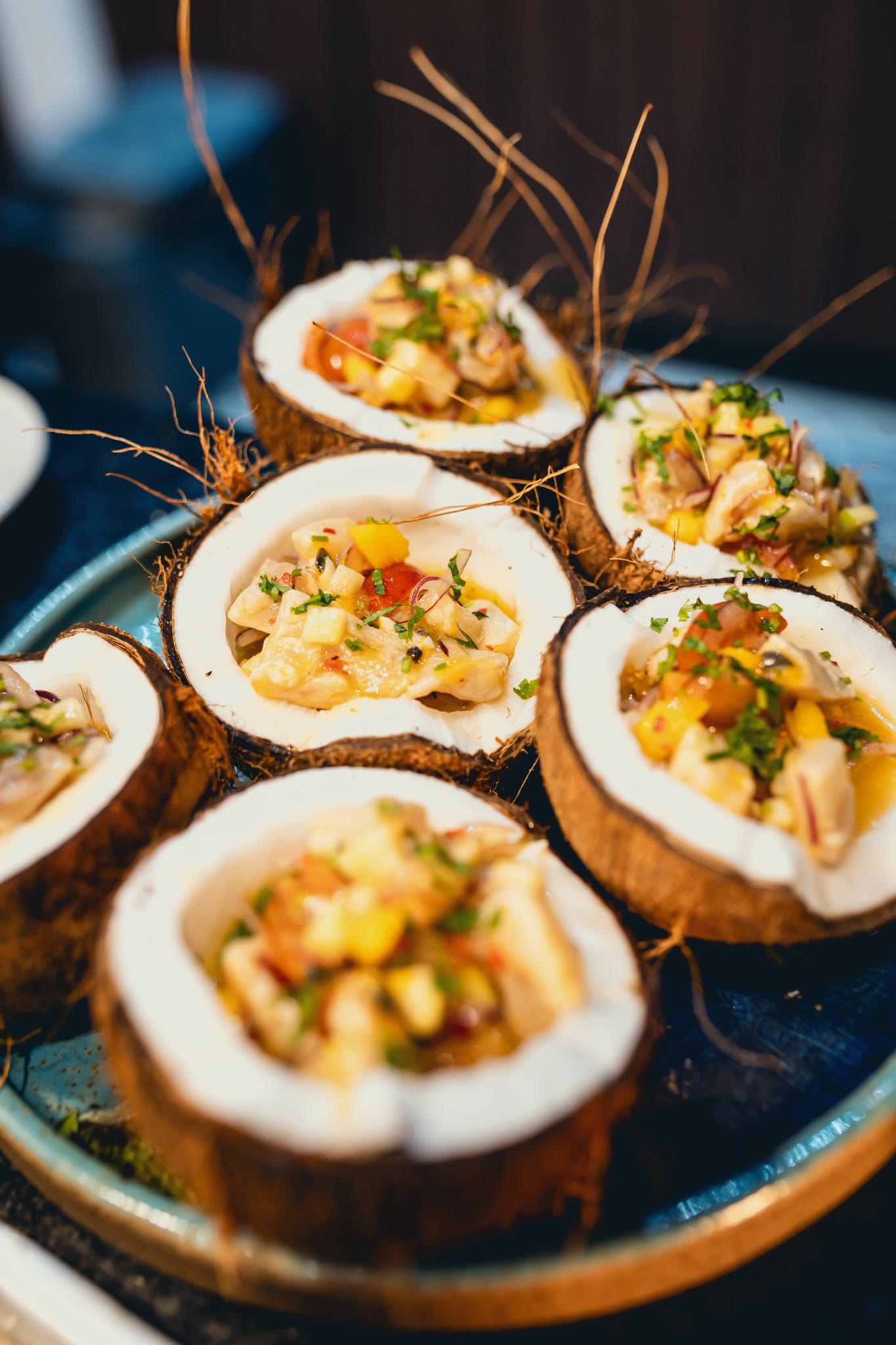 Ceviche served in coconut shells