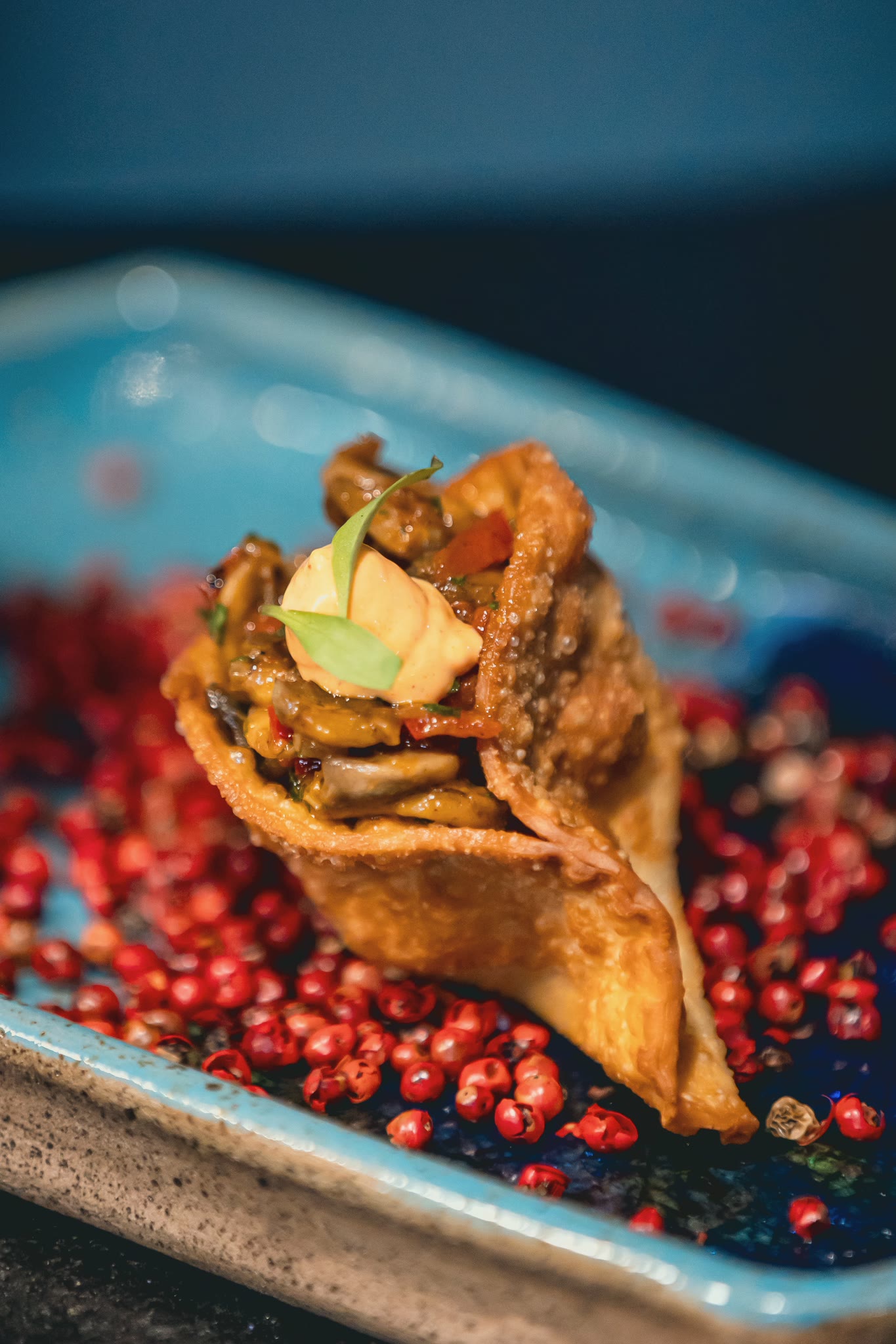 Starter in a crisp shell on red seeds, on a blue platter