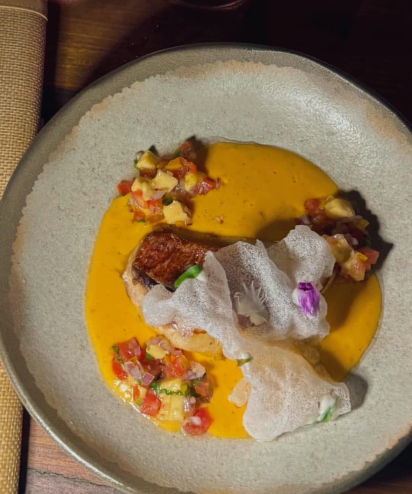 Prato visto de cima: peixe sobre molho amarelo, com vinagrete e uma renda crocante